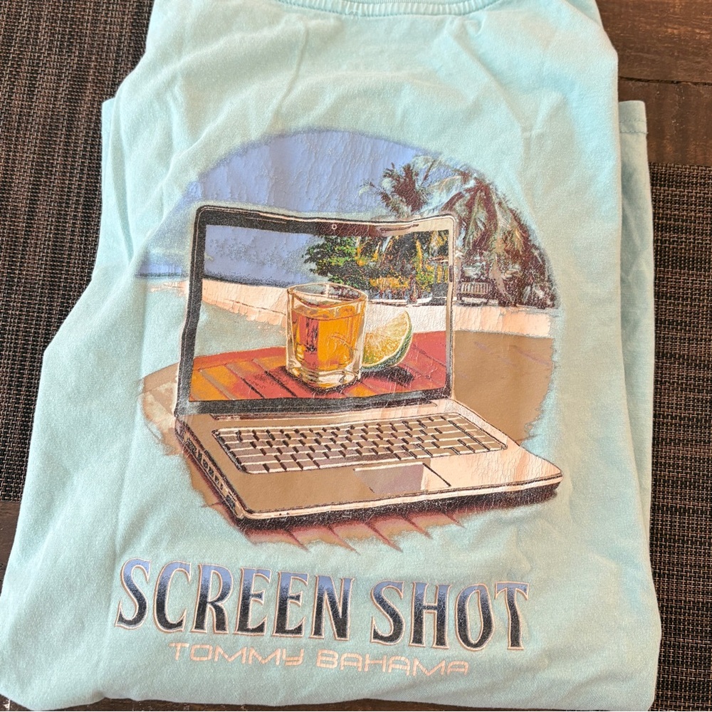 Tommy Bahama Size L Short Sleeve T-Shirt – Teal Blue Graphic Tee, 100% Cotton